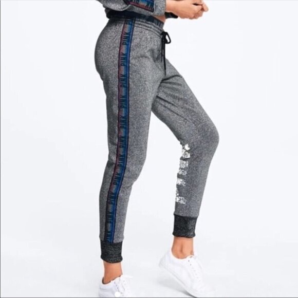 PINK VS Metallic Silver Bling/Rainbow Side Stripes Logo Joggers Women's Size M - Picture 1 of 9